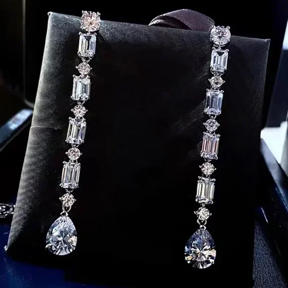 Long Silver Zircon Dangle Earrings - Picture 6 of 7